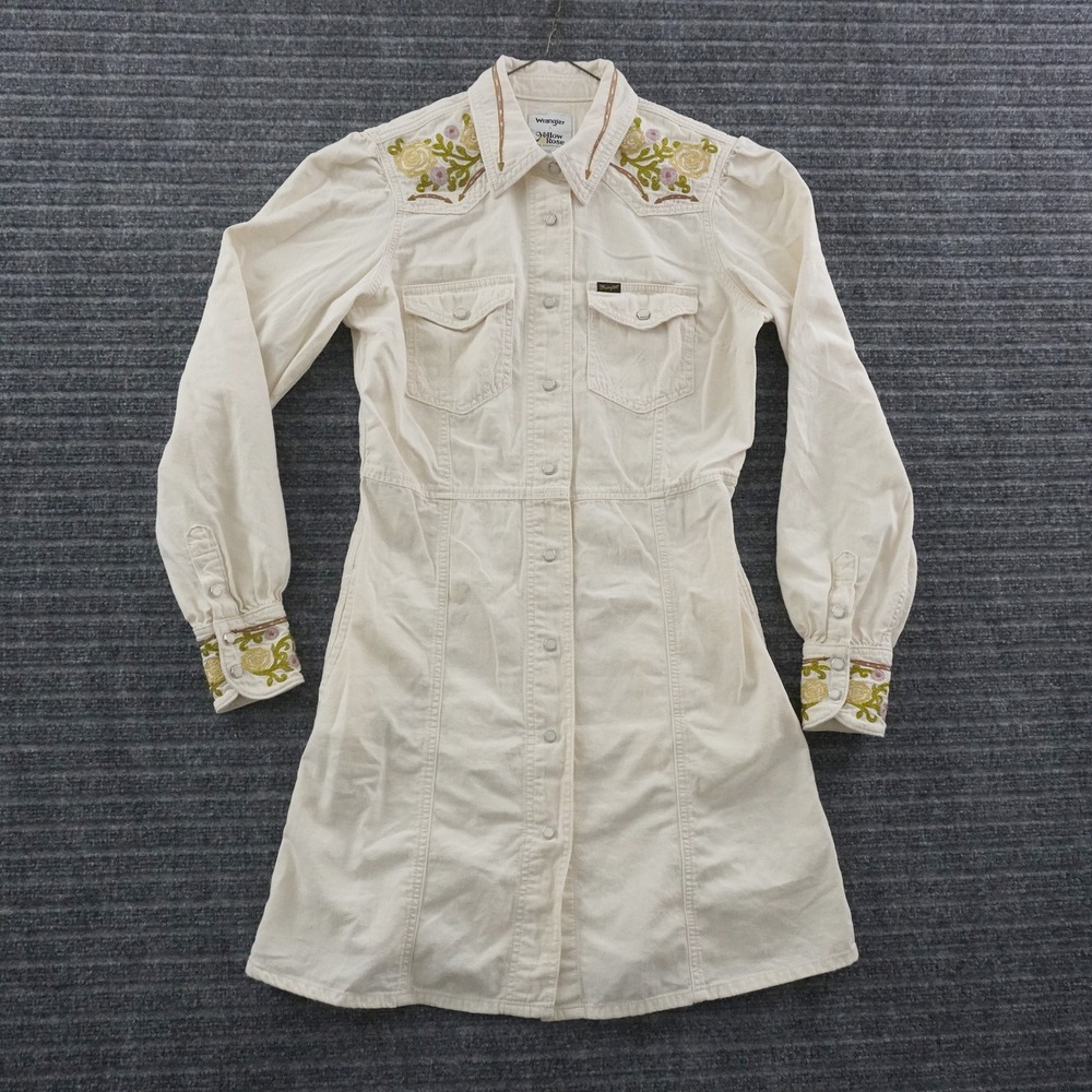 Wrangler Yellow Rose Kendra Scott Shirt Dress Womens M Cream Floral Embroidery